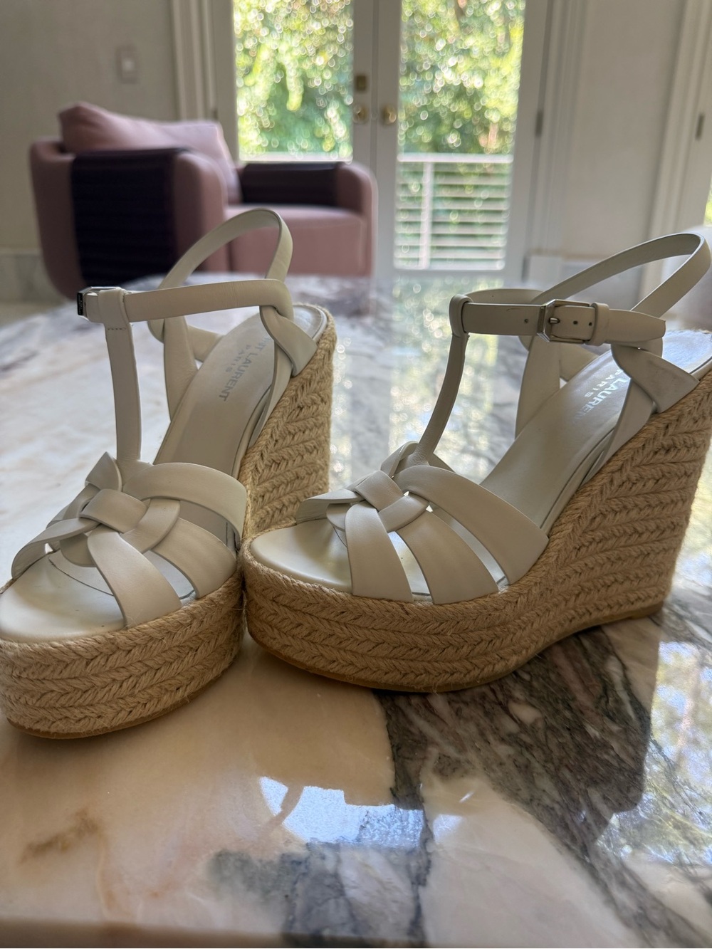 Saint Laurent Women’s Cream Wedge Espadrille Sandals - T-Strap Platform size 8